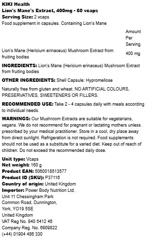 KIKI Health - Lion's Mane's Extract, 400mg - 60 vcaps - LaVida Prana