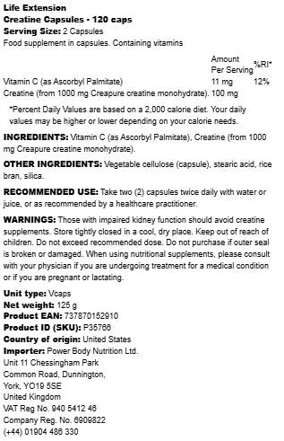 Life Extension - Creatine Capsules - 120 caps - LaVida Prana