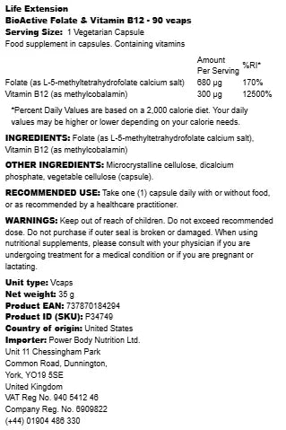 Life Extension - BioActive Folate & Vitamin B12 - 90 vcaps - LaVida Prana