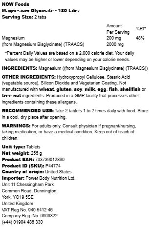 NOW - Magnesium Glycinate - 180 tabs - LaVida Prana