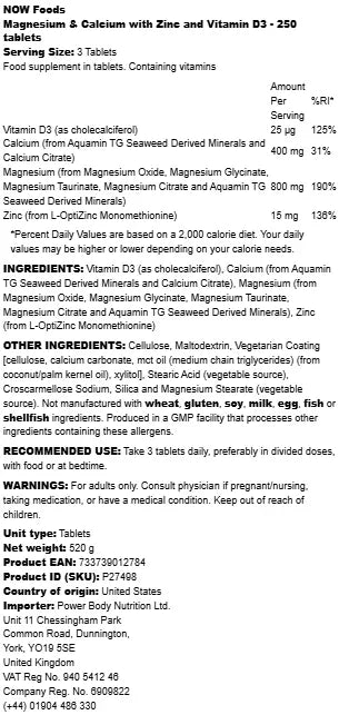 NOW - Magnesium & Calcium with Zinc and Vitamin D3 - 250 tablets - LaVida Prana