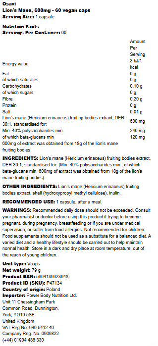 Osavi - Lion's Mane, 600mg - 60 vegan caps - LaVida Prana