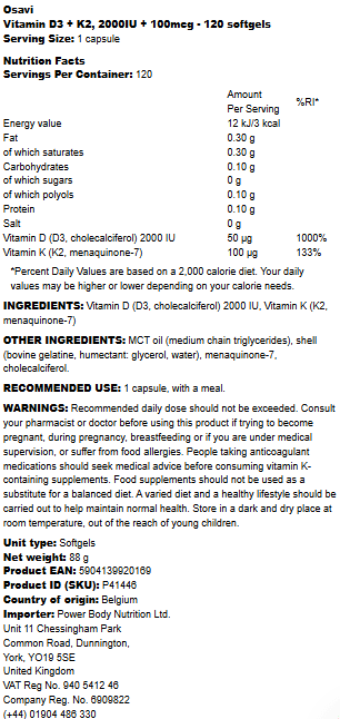 Osavi - Vitamin D3 + K2, 2000IU + 100mcg - 120 softgels - LaVida Prana