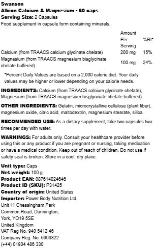 Swanson - Albion (R) Calcium & Magnesium - 60 caps - LaVida Prana