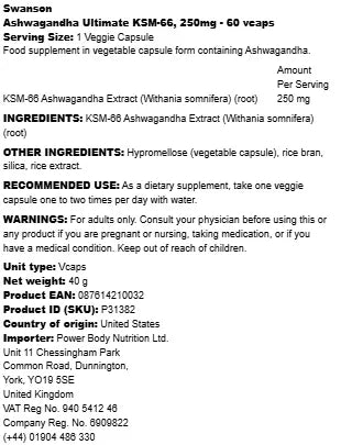 Swanson - Ashwagandha Ultimate KSM-66, 250mg - 60 vcaps - LaVida Prana