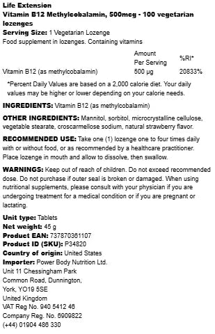 Life Extension - Vitamin B12 Methylcobalamin, 500mcg - 100 vegetarian lozenges - LaVida Prana