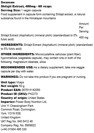 Swanson - Shilajit Extract, 400mg - 60 vcaps - LaVida Prana