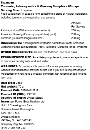 Swanson - Turmeric, Ashwagandha & Ginseng Complex - 60 caps - LaVida Prana